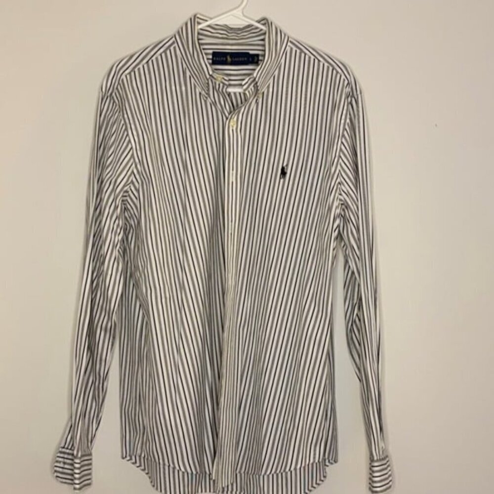 RALPH LAUREN Gold Tag Black White Stripe Long Sleeve Button Down Black Pony Sz L